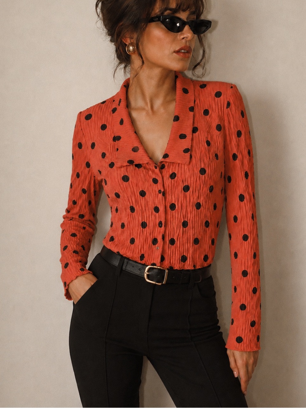Babette crinkled peach and black polkadot collared long sleeve top M